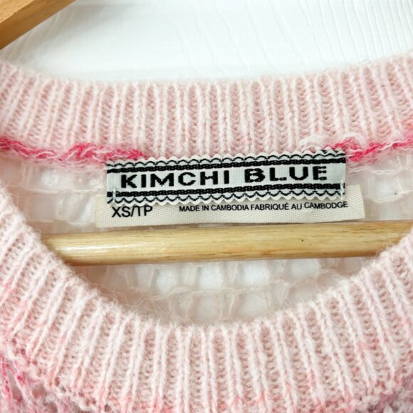 Kimchi Blue Pink Striped Open Knit Cropped Sweater XS Oversized Sheer Pullover - Picture 5 of 8
